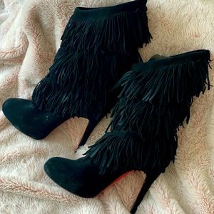 CHRISTIAN LOUBOUTIN BLACK SUEDE FRINGE BOOTS